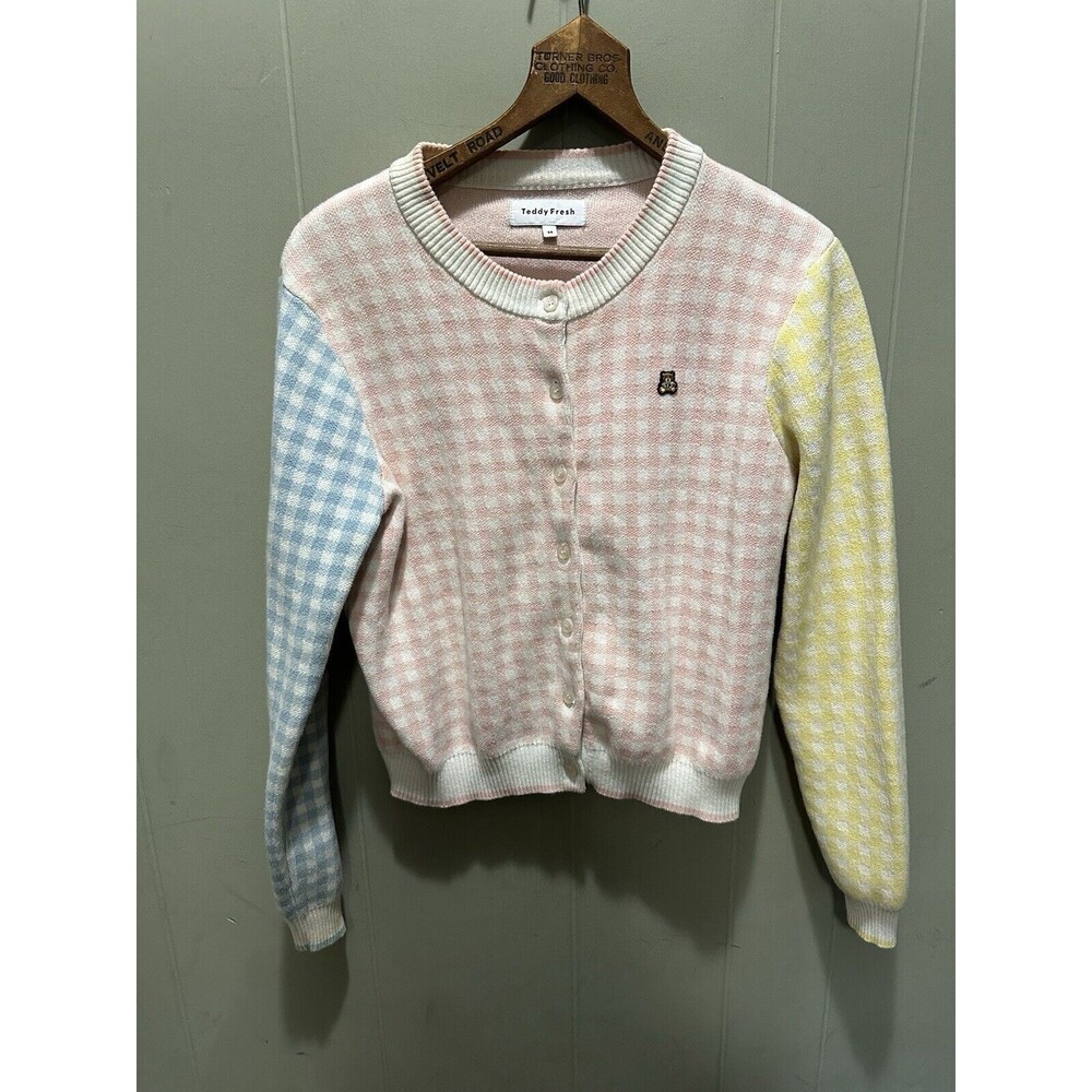 Teddy Fresh Color Block Pastel Granny Sweater Button Up Cardigan Women’s Med